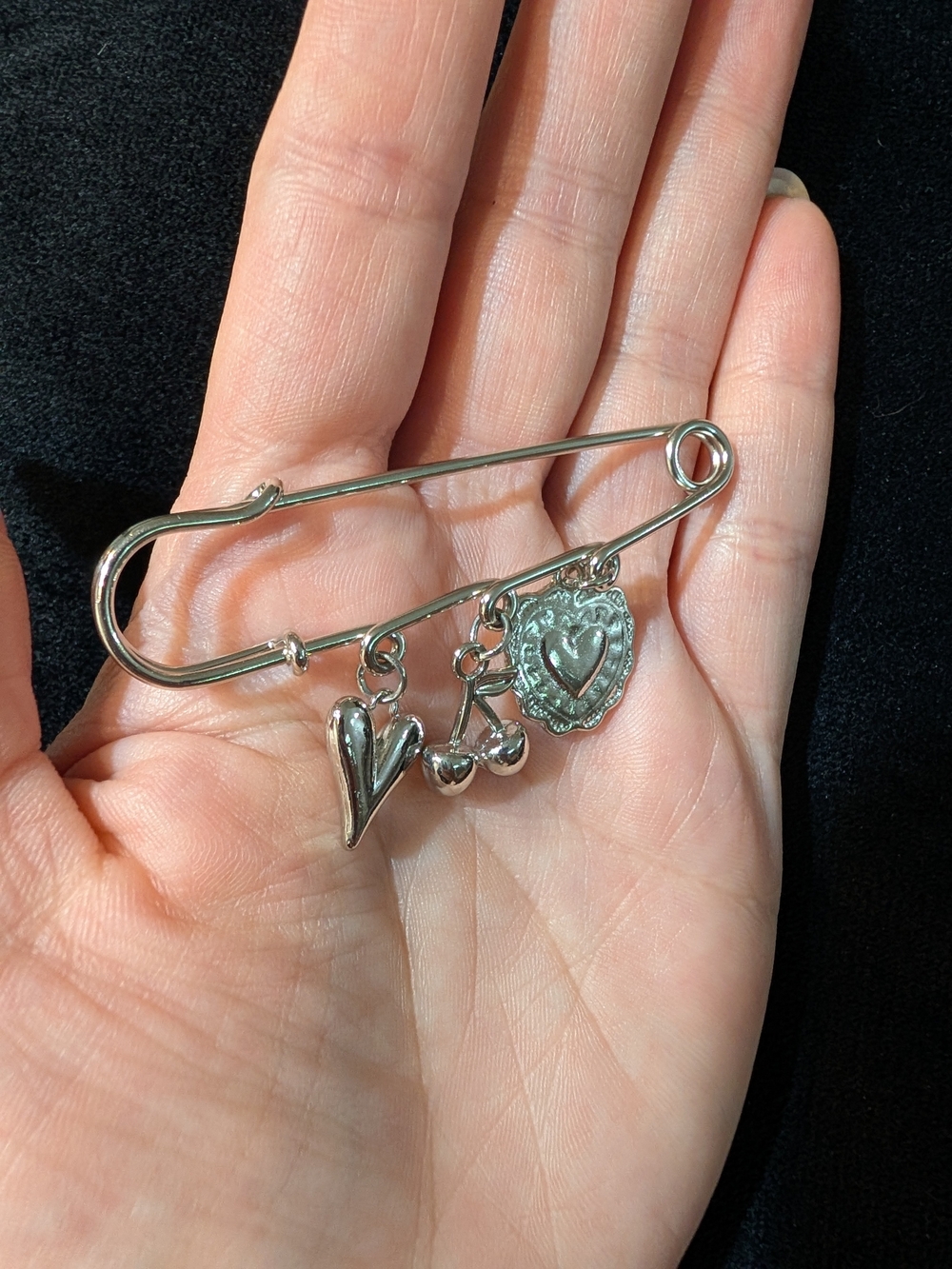 Silver Heart Charm Safety Pin Brooch - Women Jewelry
